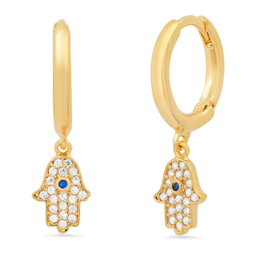 Gold Huggies With Pave CZ Hamsa Charms