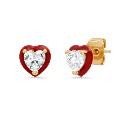 Heart Shaped CZ Stud With Enamel Bezel