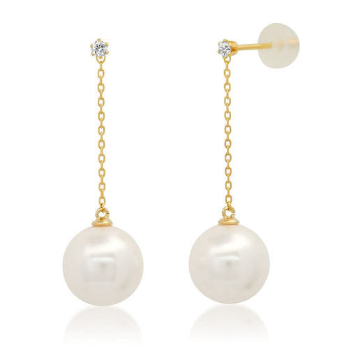 Large Pearl And CZ Linear Chain Earrings