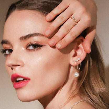 Large Pearl And CZ Linear Chain Earrings