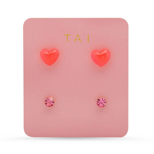 Pink Heart & CZ Stud Earring Set