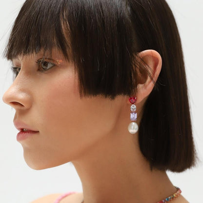 Red Heart Stone and Pearl Drop Earrings