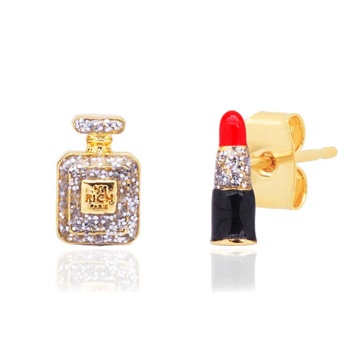Lipstick & Perfume CZ Mismatched Stud Earrings