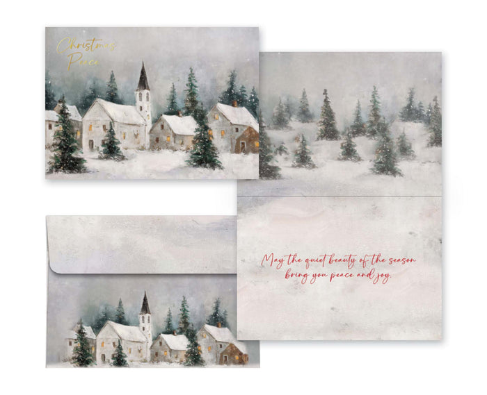 Set of Christmas cards with winter village scene and envelope