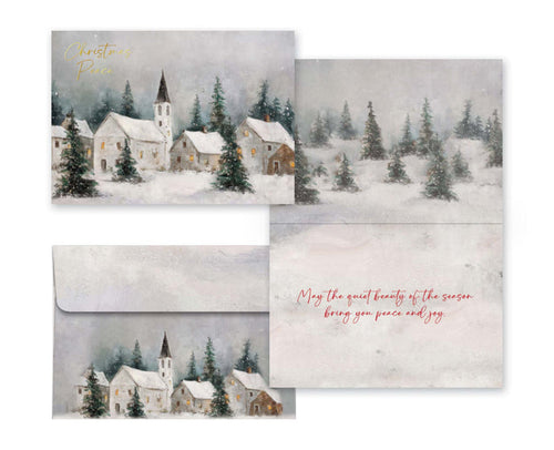 Set of Christmas cards with winter village scene and envelope