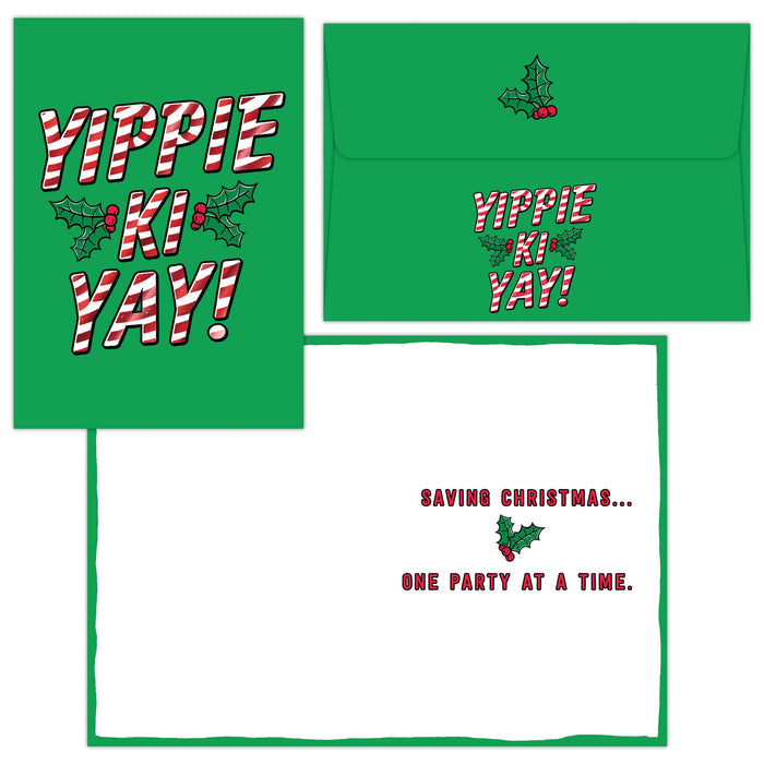 Green envelopes with 'YIPPIE KI YAY!' text and holly design on a white background