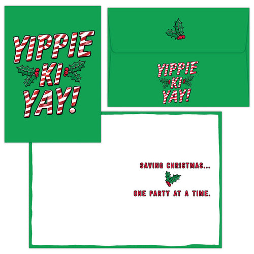 Green envelopes with 'YIPPIE KI YAY!' text and holly design on a white background