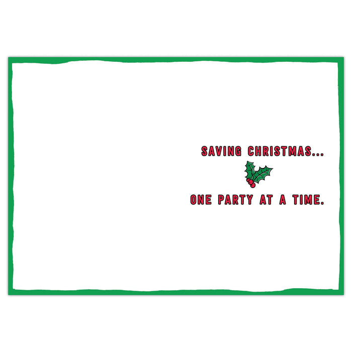 Text 'Saving Christmas... One Party at a Time.' with a holly leaf and berry graphic on a white background with green border.