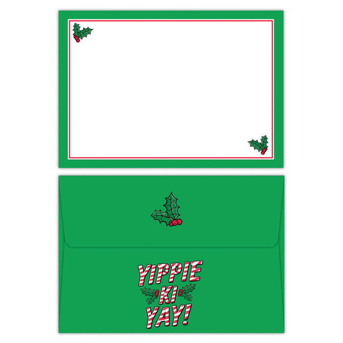 Green Christmas card with holly design and 'Yippie Ki Yay!' text on a white background